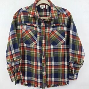 BKE small Boyfriend Plaid Flannel Shirt Distressed Fringed Button Up oversized